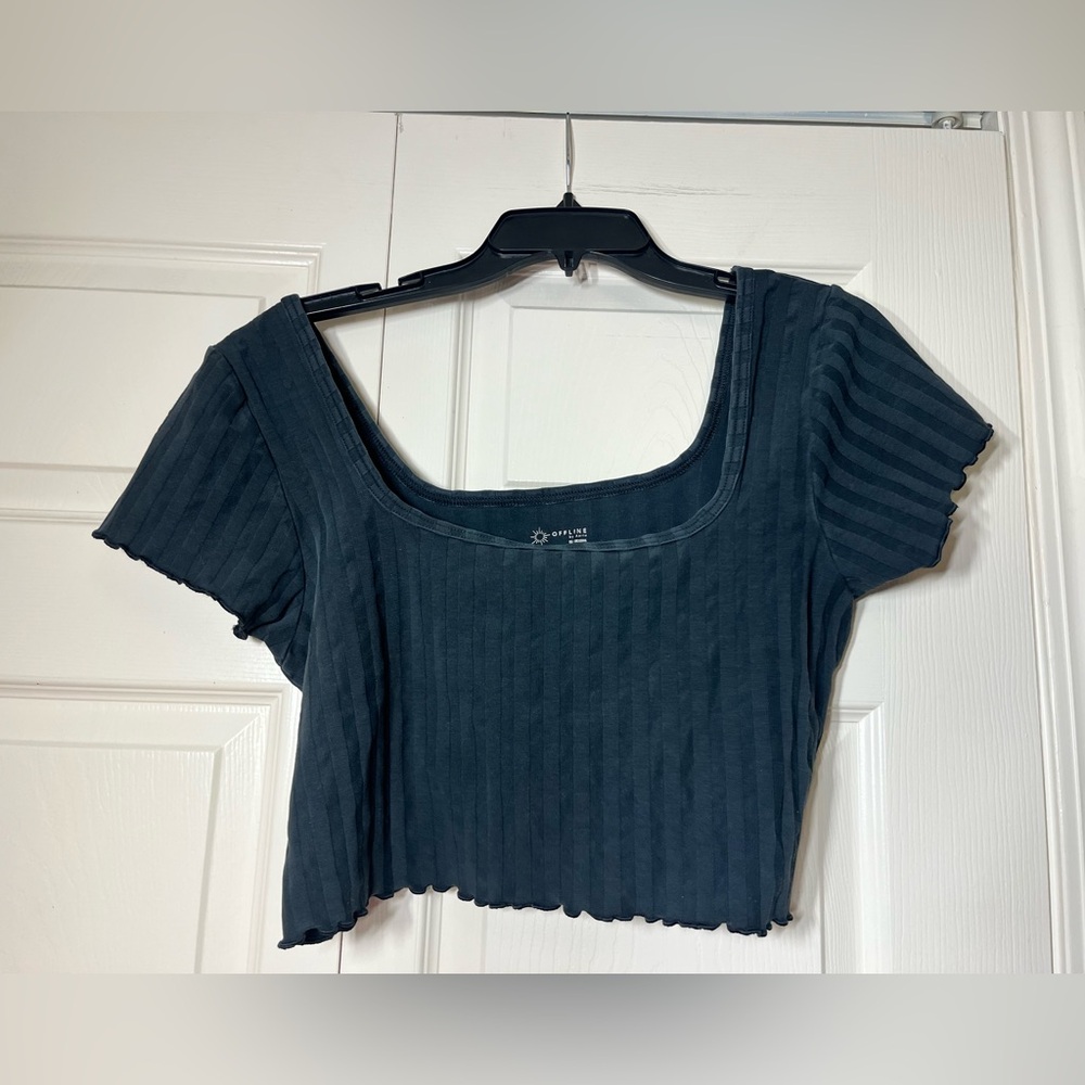 Offline by Aerie Womens Black Striped Round Neck Short Sleeve Crop T-Shirt